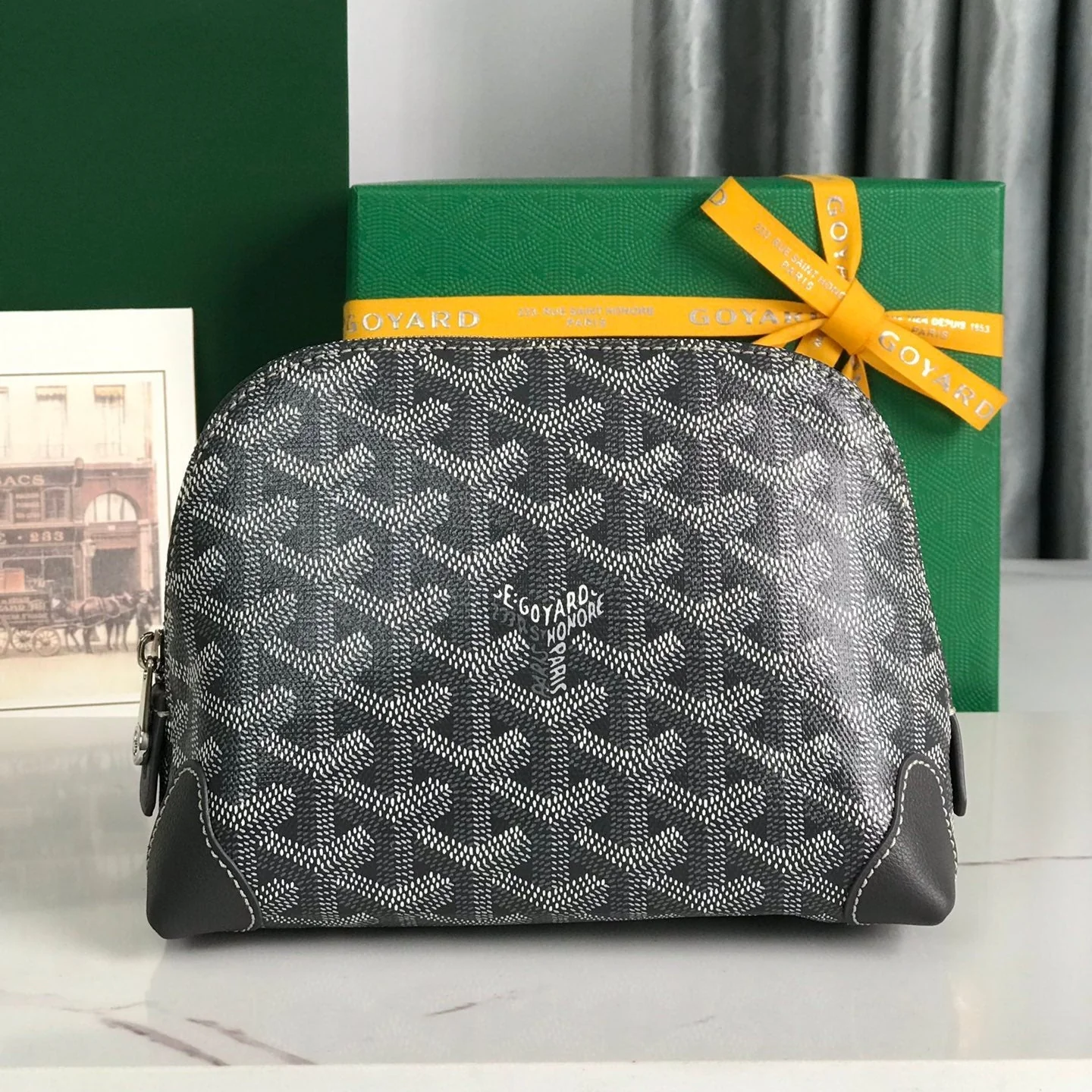 VENDÔME COSMETIC POUCH 17 IN GREY BLACK GOYARDINE CANVAS AND CALFSKIN TRIM