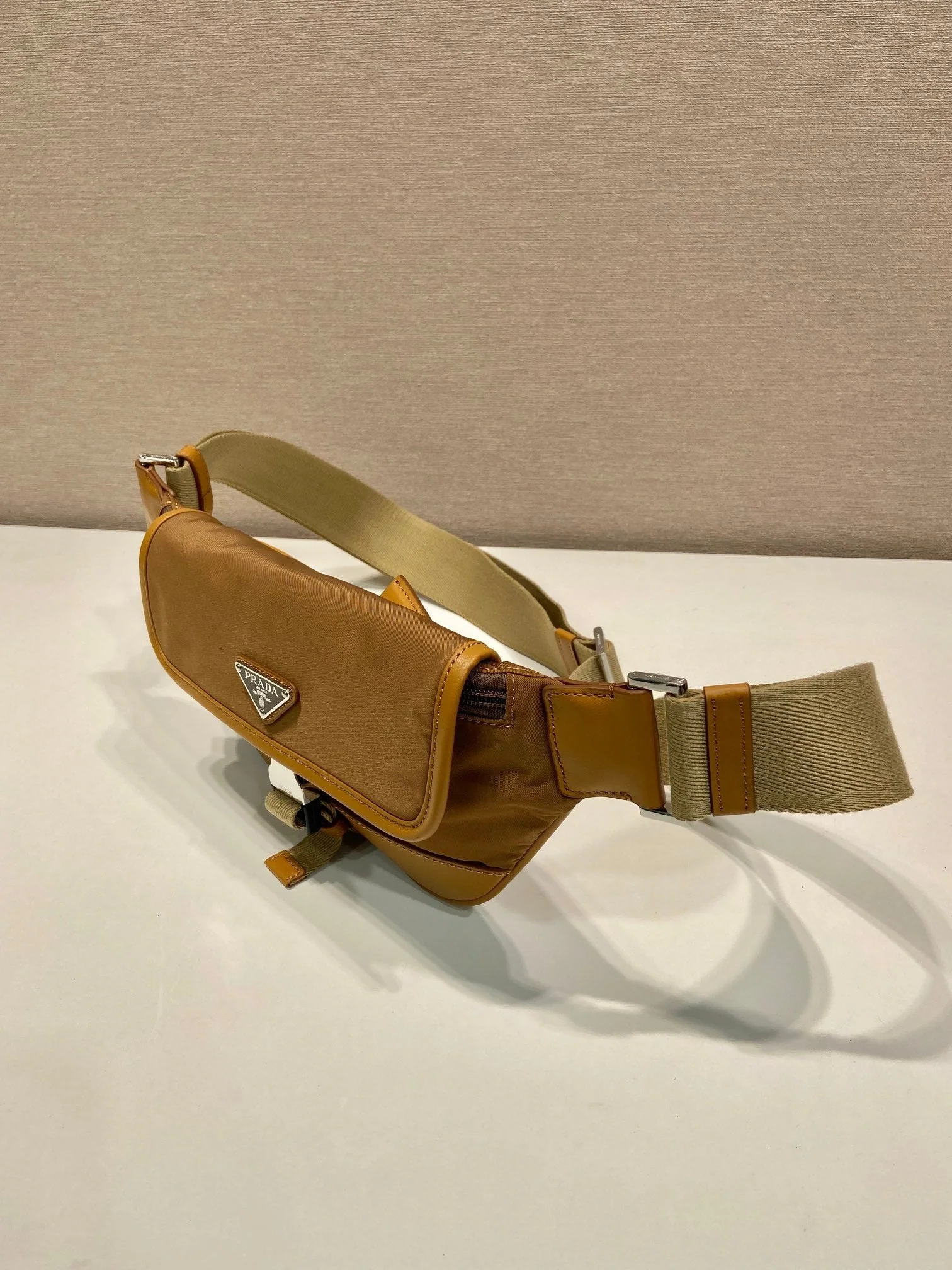 BELT BAG 18 IN SEPIA BROWN RE-NYLON AND CALFSKIN TRIM