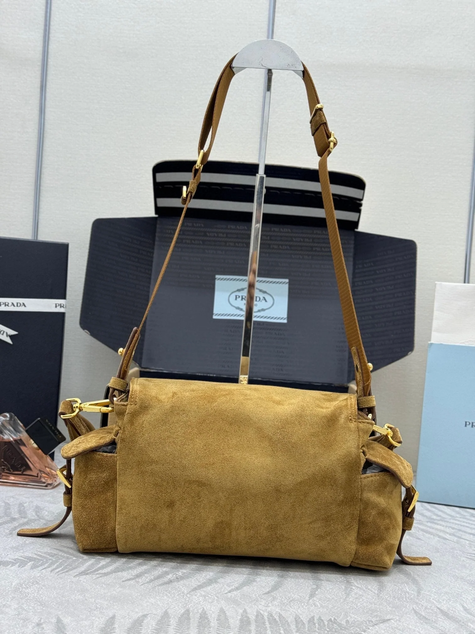 PRADA 25S EXPLORE MEDIUM SHOULDER BAG 30 IN DARK GOLDEN BROWN SUEDE WITH FLAP