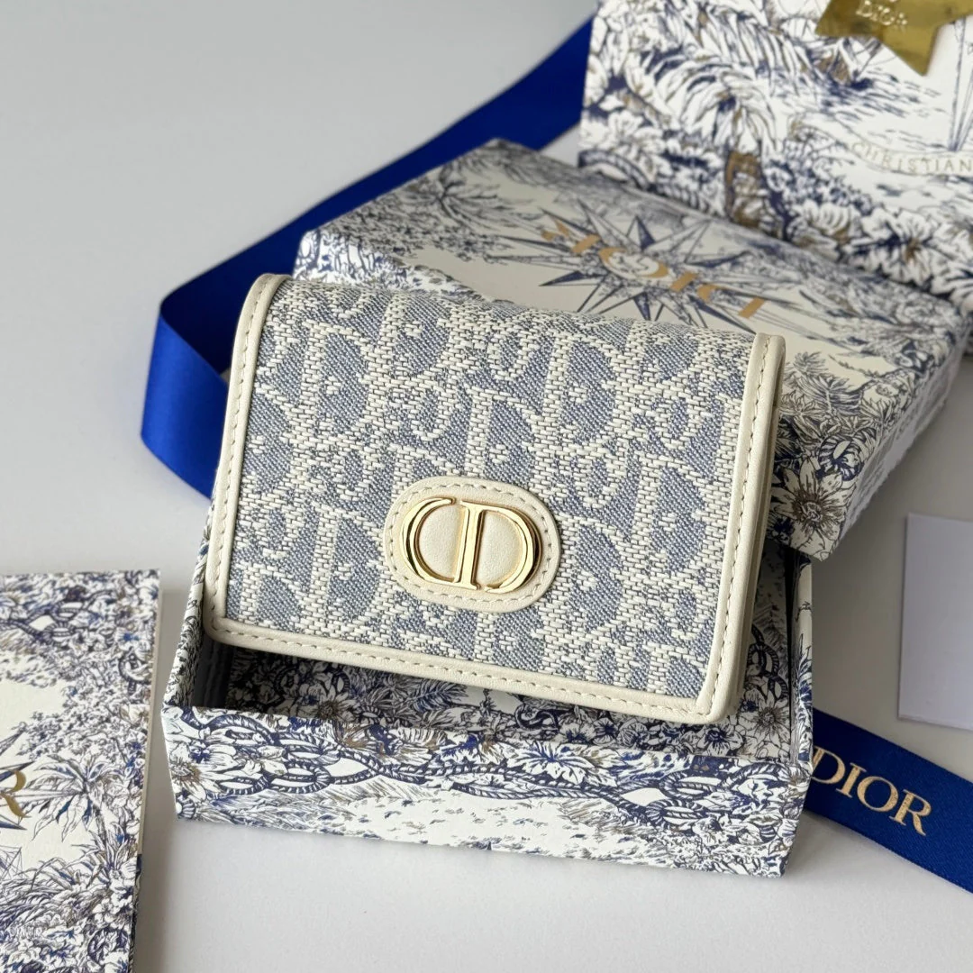 DIOR 25S CARO CARD HOLDER 11 IN LIGHT BLUE CALFSKIN AND CANVAS GOLD HARDWARE
