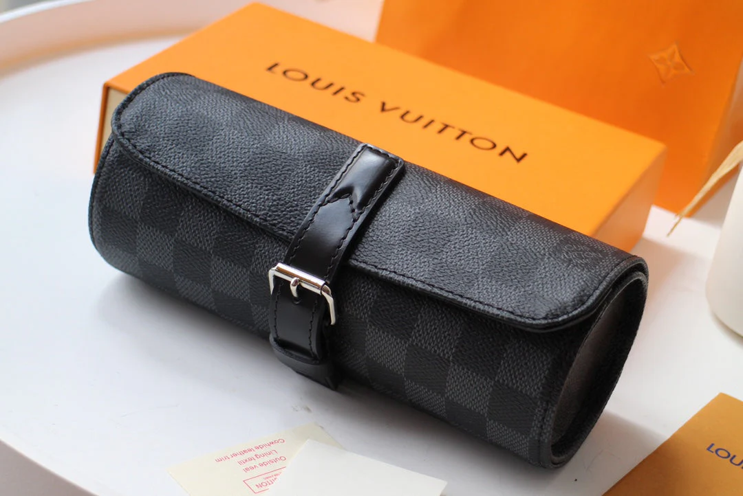 LV 25S ASTUCCIO PER 3 OROLOGI 20 IN BLACK DAMIER GRAPHITE CALFSKIN