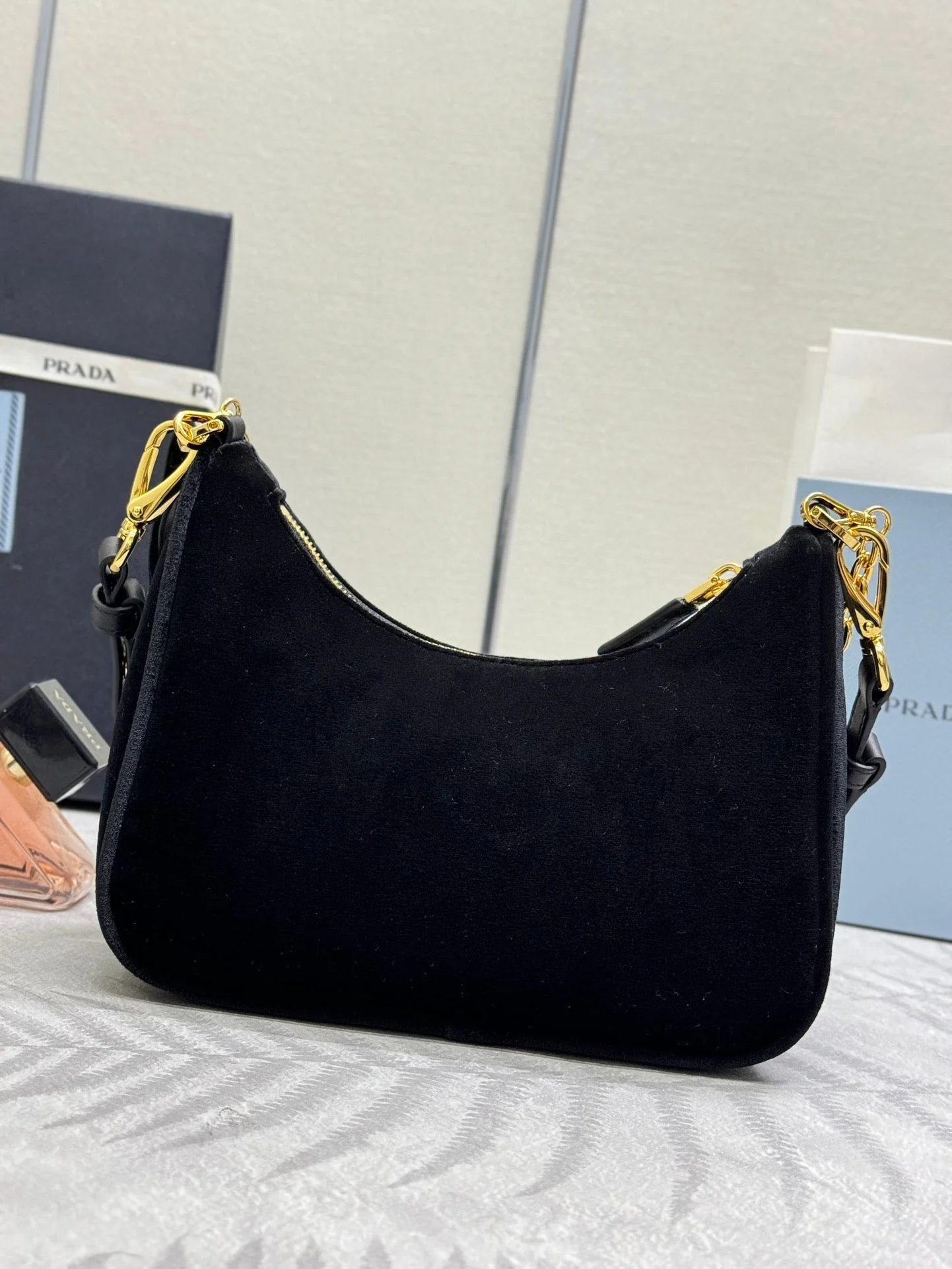 PRADA 25S MINI HOBO BAG 23 IN BLACK VELVET GOLD HARDWRE