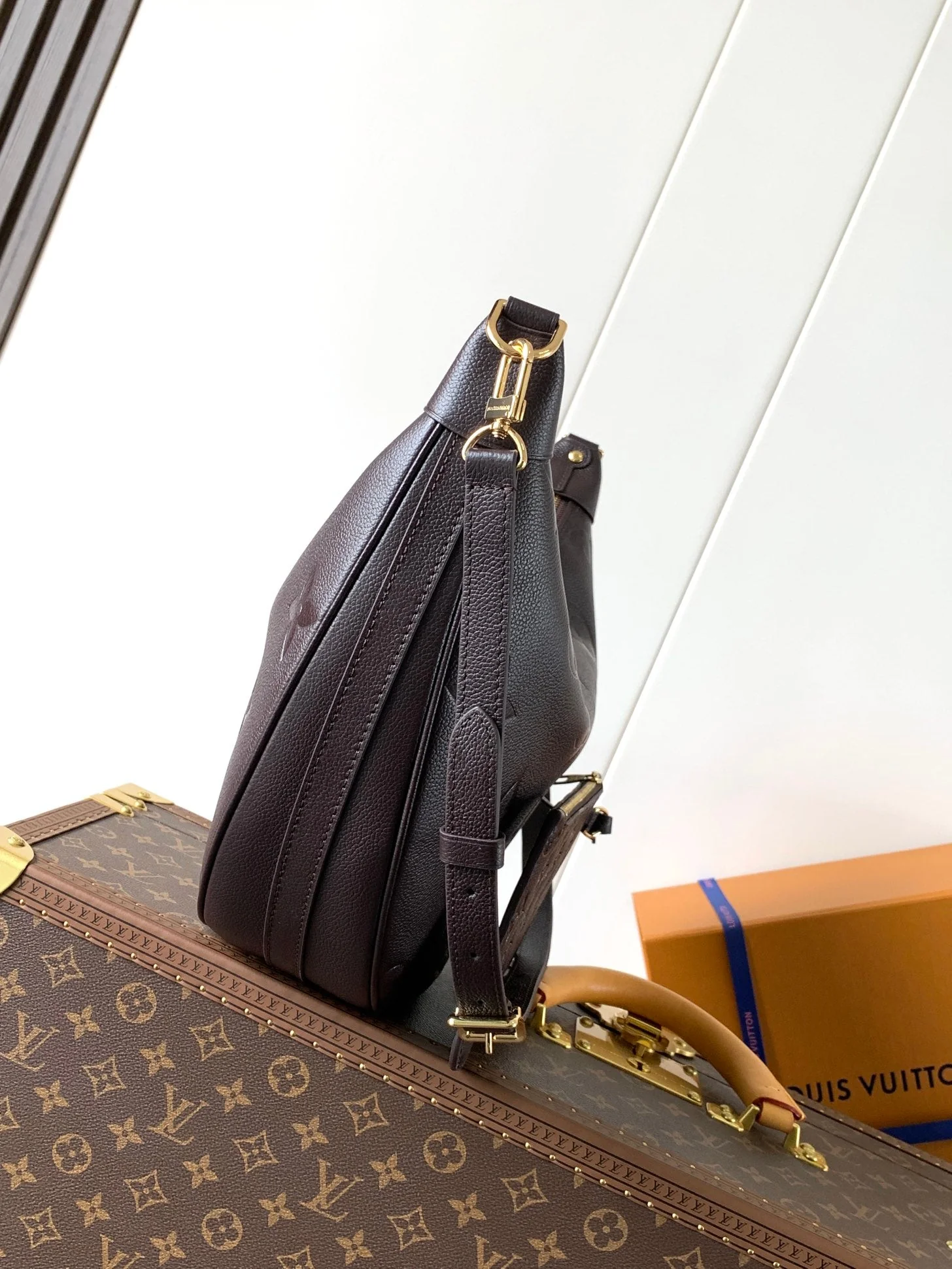 LOOP HOBO 38 IN DARK BROWN MONOGRAM CALFSKIN EMBOSSED LOGO