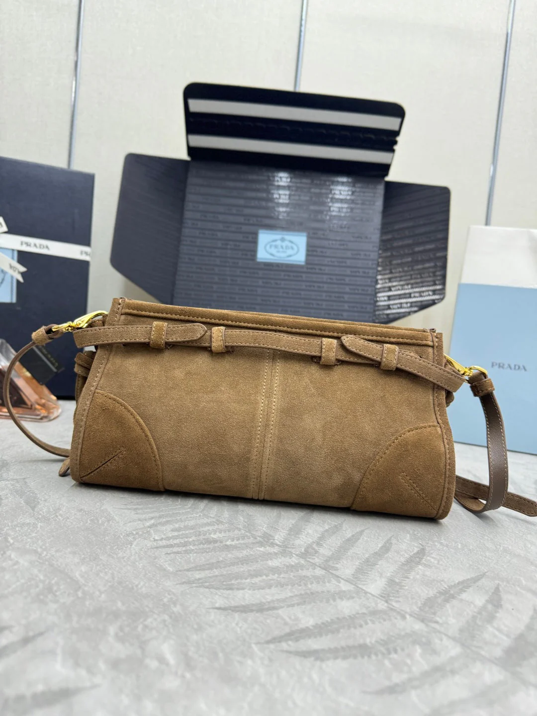 PRADA 25S BONNIE SMALL SHOULDER BAG 26 IN BROWN SUEDE GOLD HARDWARE