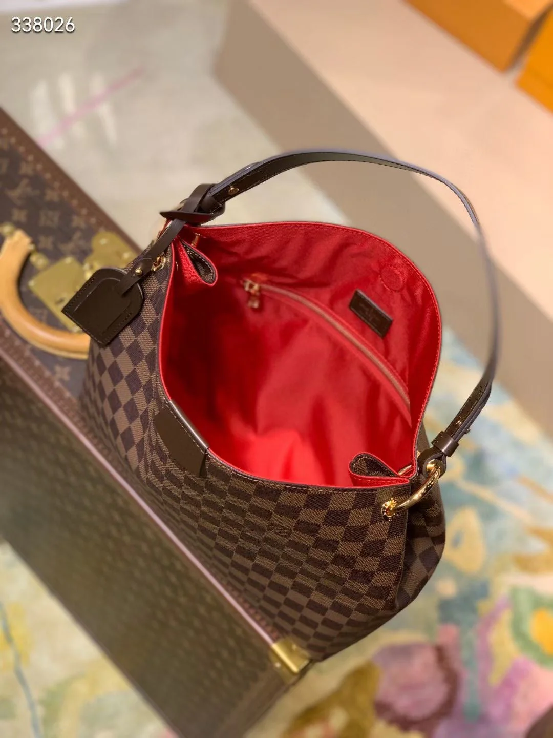 GRACEFUL MM BAG 35 IN BROWN DAMIER COATED CANVAS BROWN CALFSKIN