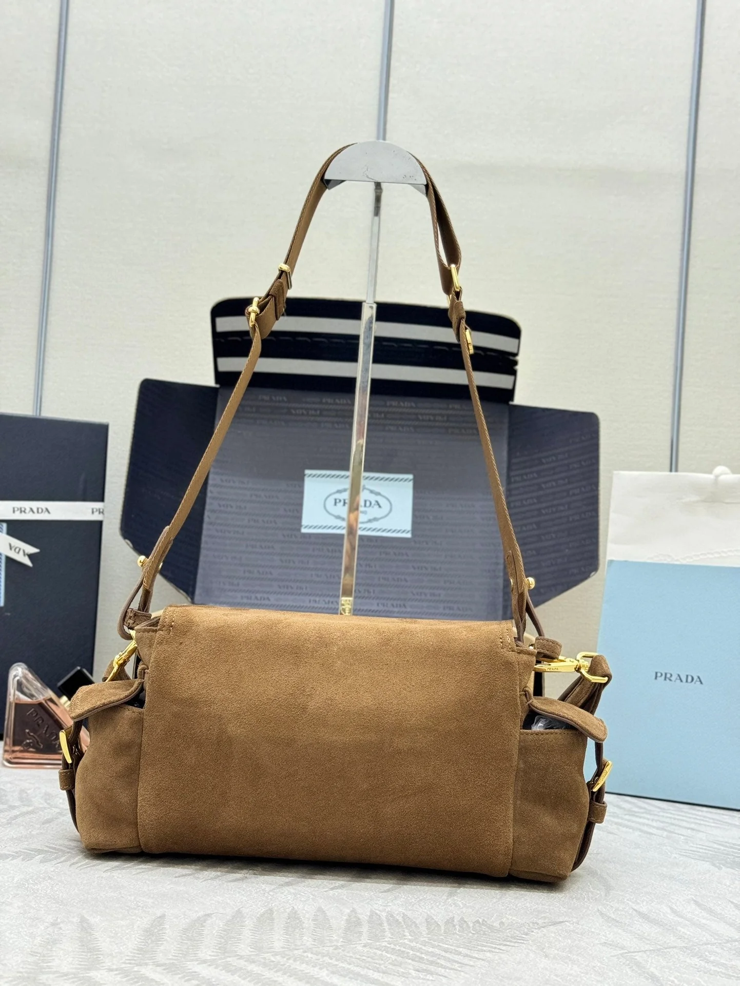PRADA 25S EXPLORE MEDIUM SHOULDER BAG 30 IN CINNAMON SUEDE WITH FLAP