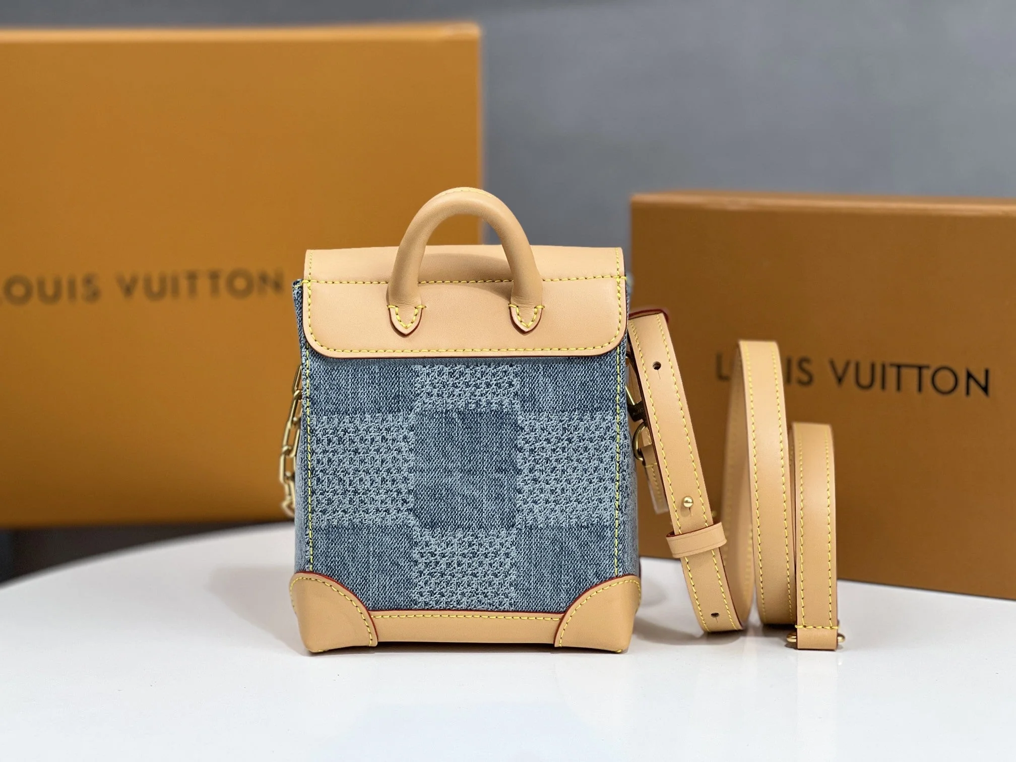 LV 25S NANO STEAMER 18 IN BLUE COTTON DENIM CALFSKIN TRIM GOLD HARDWARE