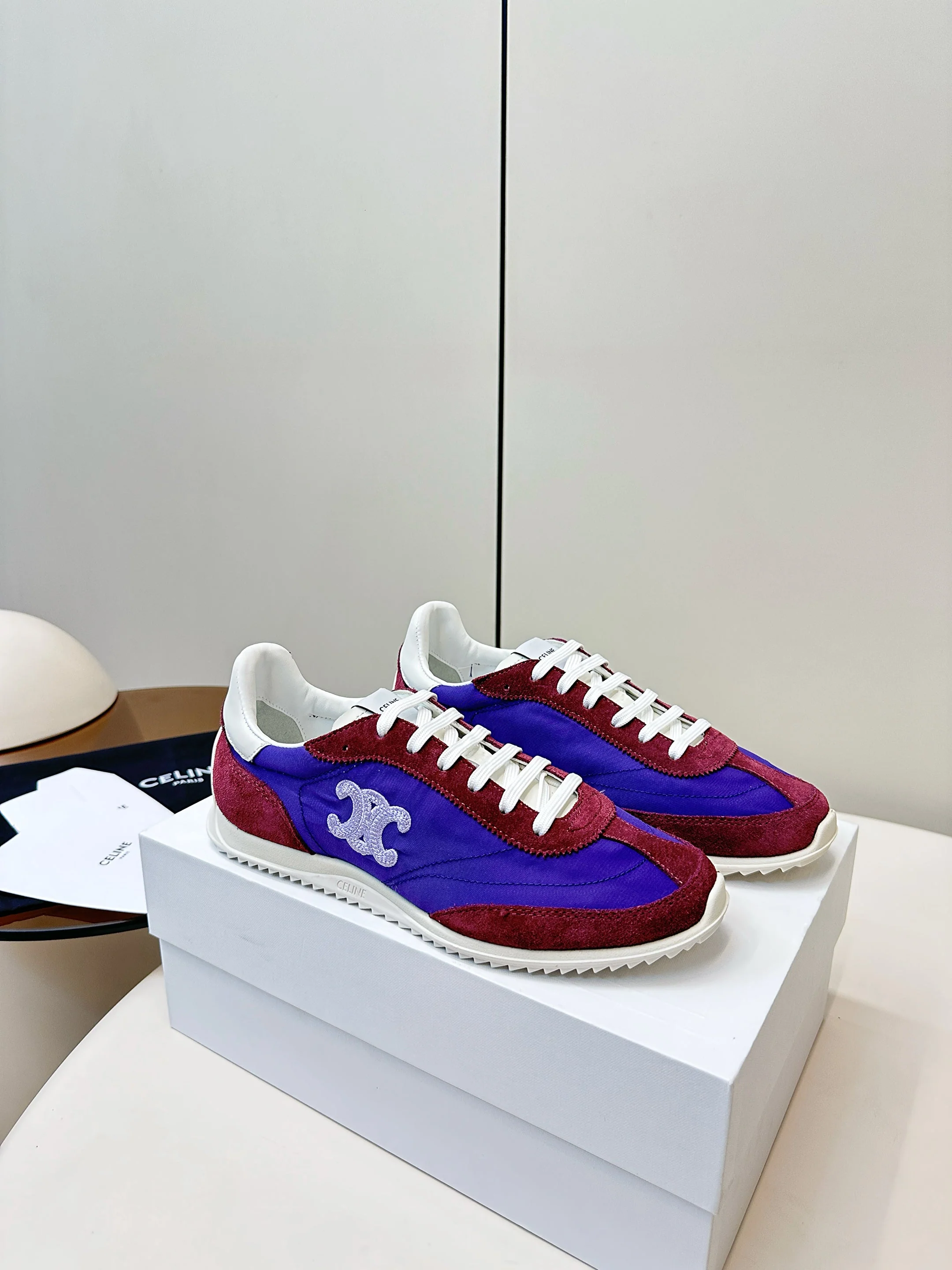 CELINE 25S RACER LOW TOP SNEAKER IN ROYAL PURPLE AND RED NYLON AND SUEDE
