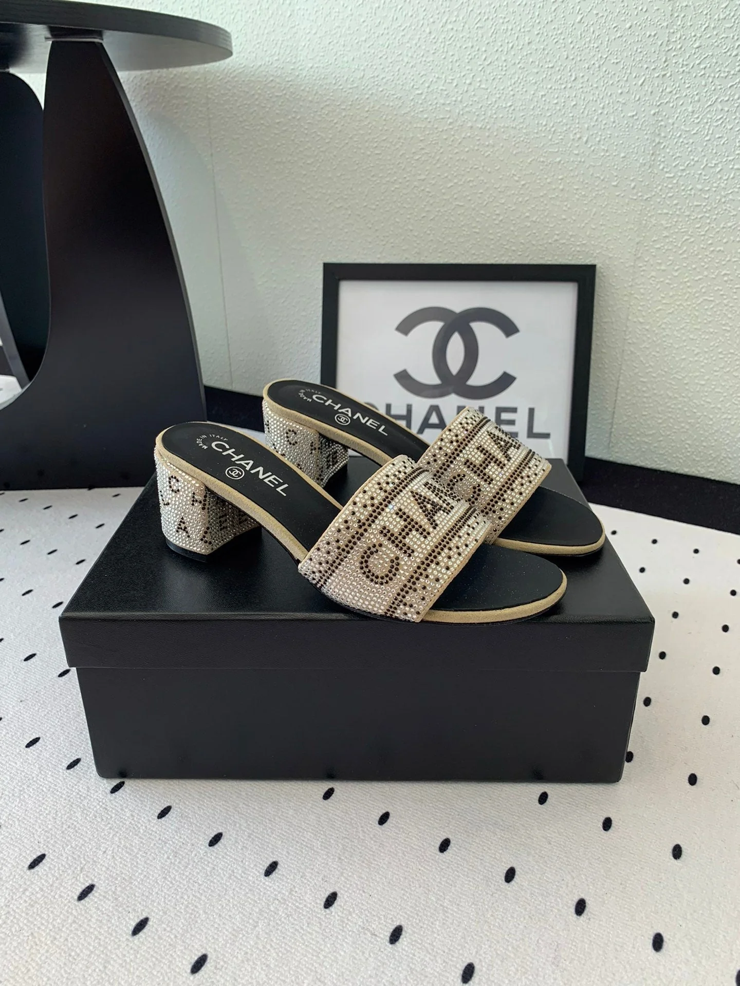RHINESTONE LETTER HIGH HEELS CARAMEL BROWN AND BLACK LAMBSKIN