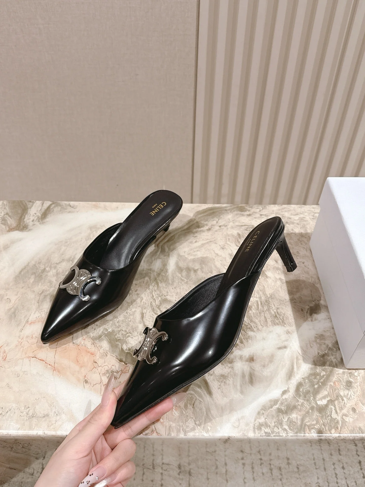 CELINE 25S ALMA TRIOMPHE MULE 45MM IN BLACK CALFSKIN SILVER HARDWARE