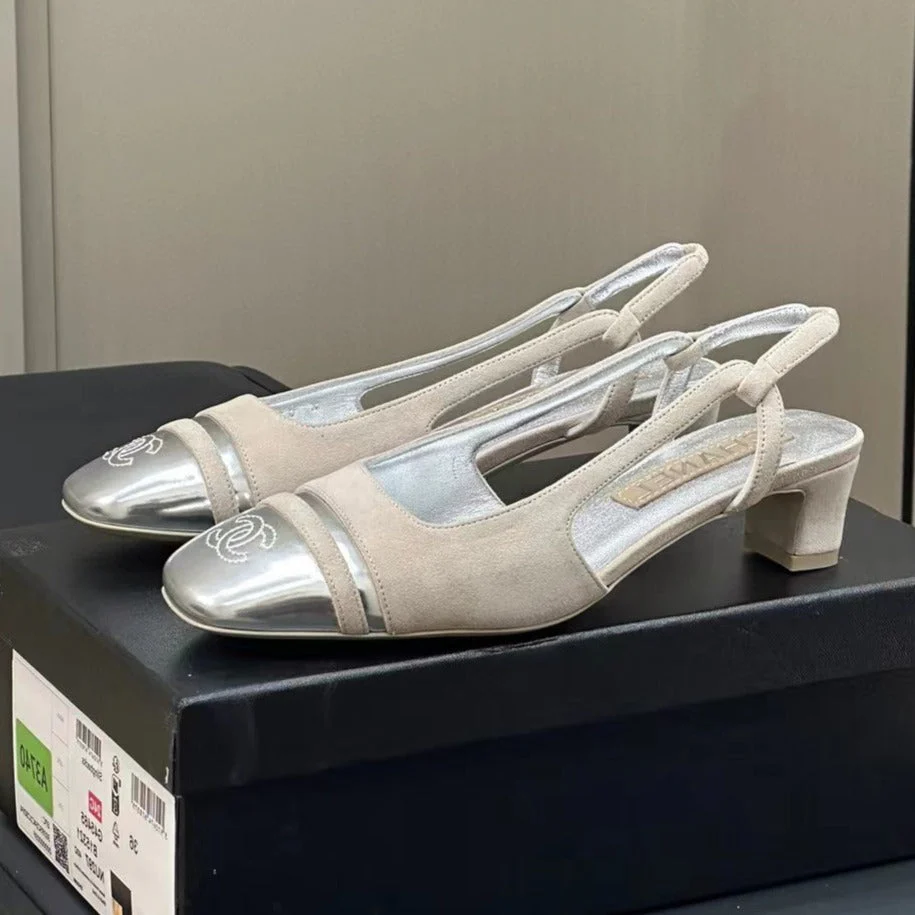 SLINGBACKS IN GREY SUEDE AND SILVER LAMBSKIN