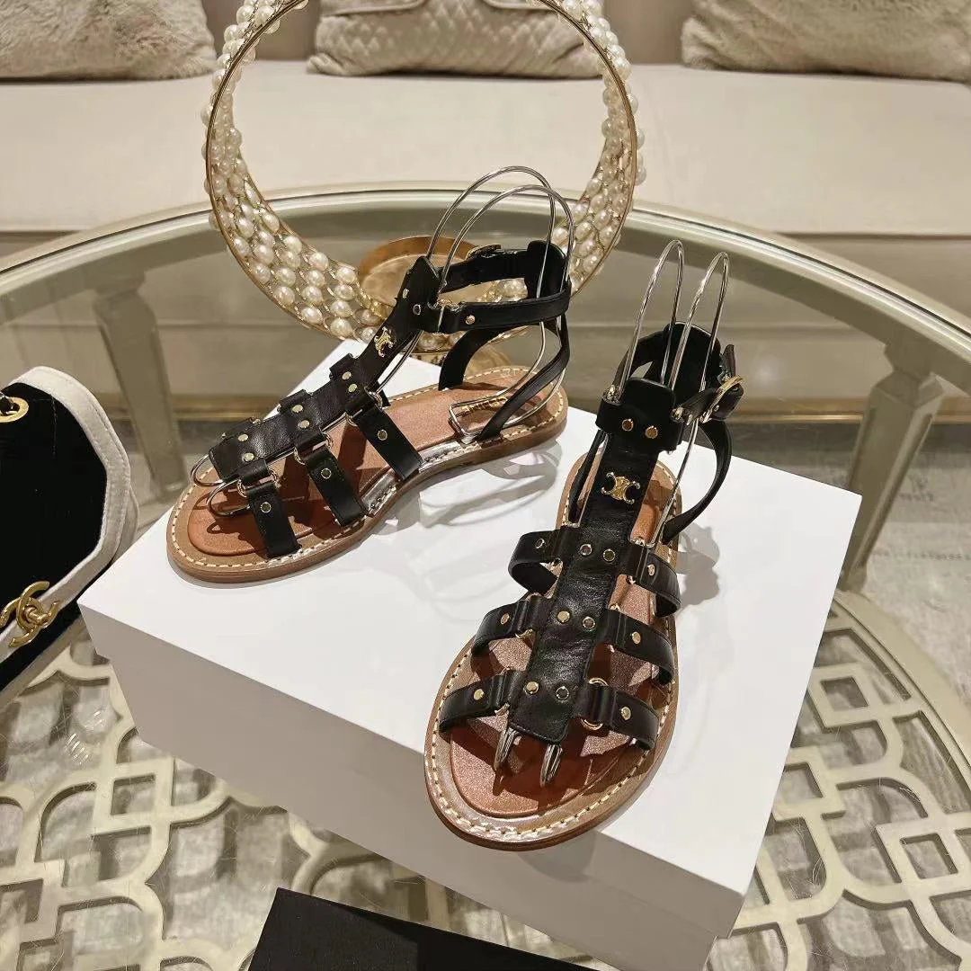 CLEA TRIOMPHE GLADIATOR SANDAL IN BLACK CALFSKIN - VEGETAL TANNING