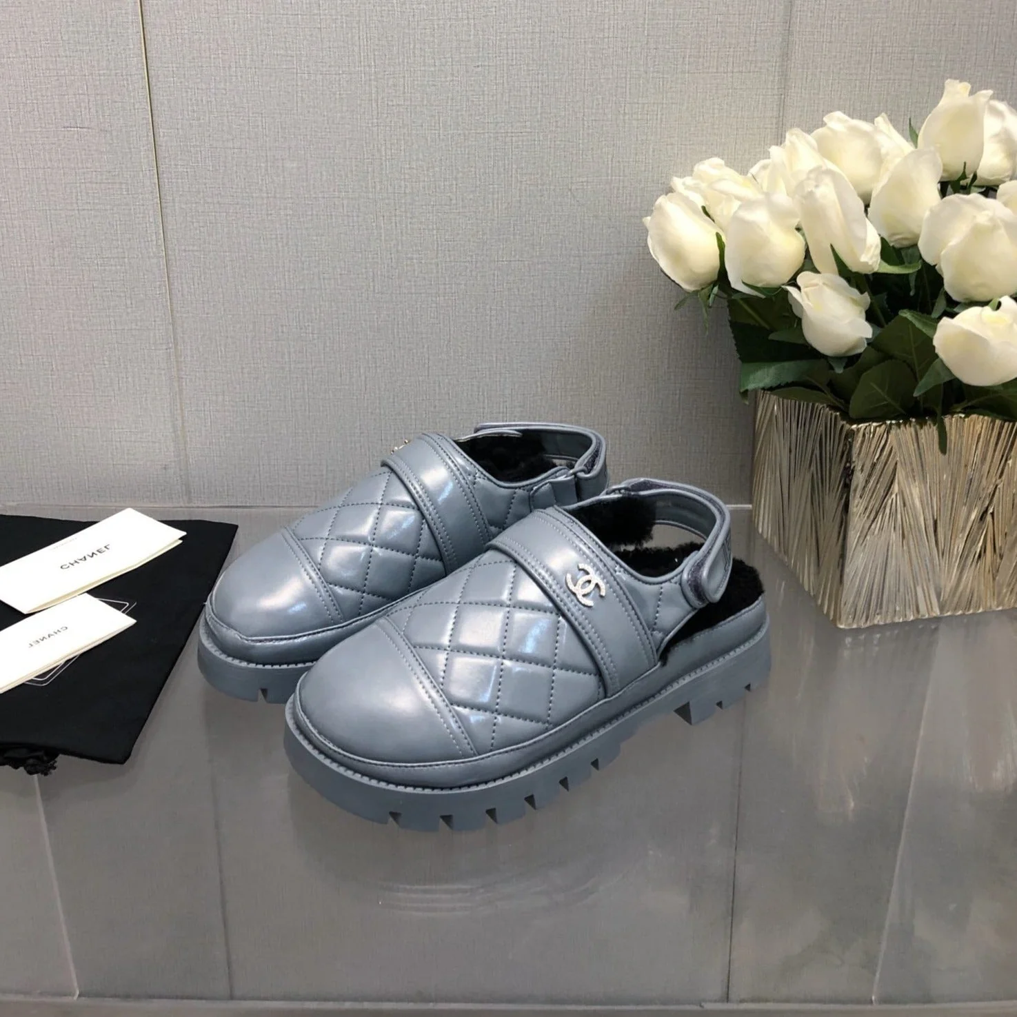 CHUNKY PLATFORM SHEARLING SLIPPER SAPHIRE BLUE LAMBSKIN