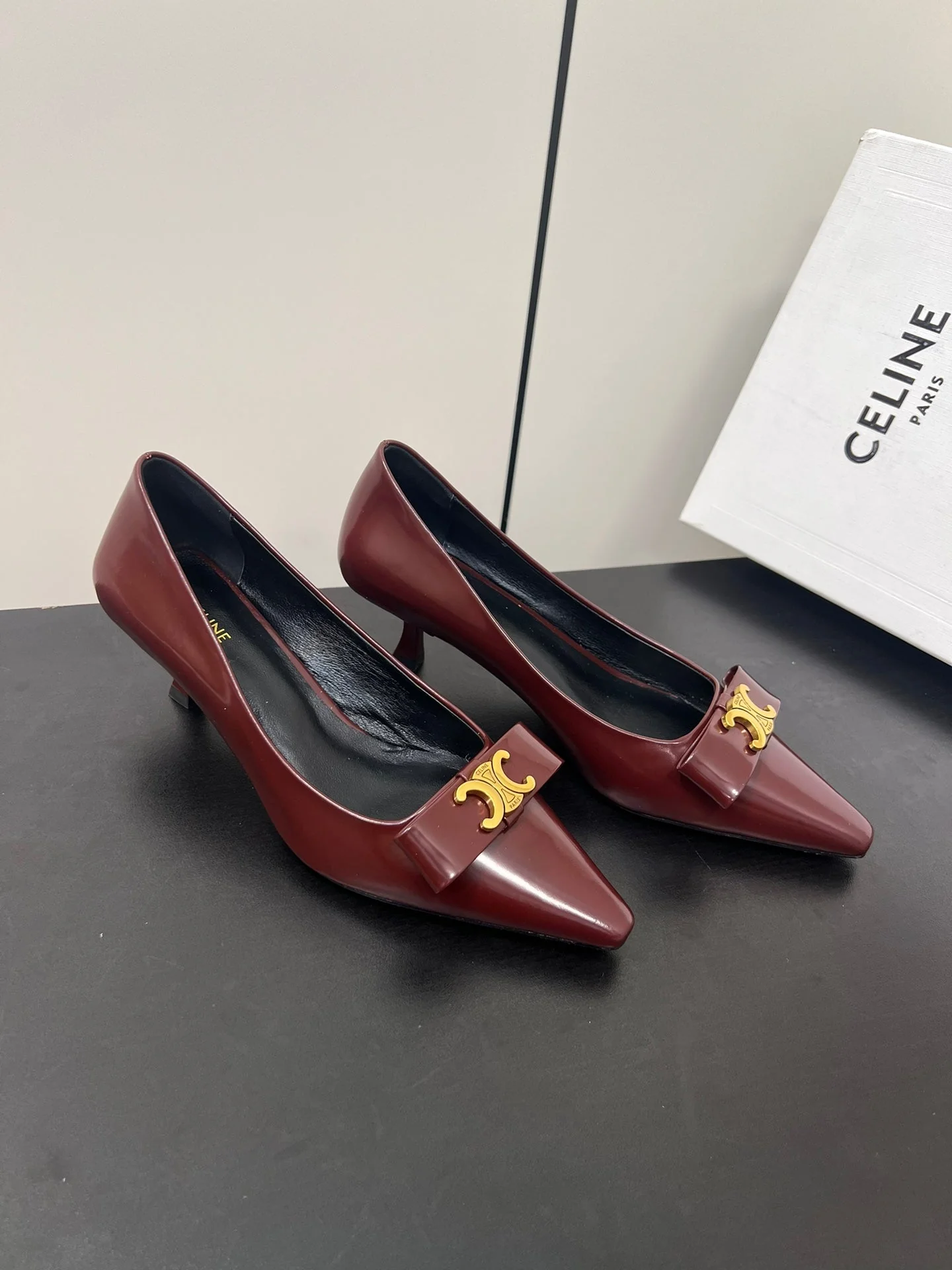 TRIOMPHE POINTED-TOE HIGH PUMPS IN BURGUNDY RED SHINY CALFSKIN