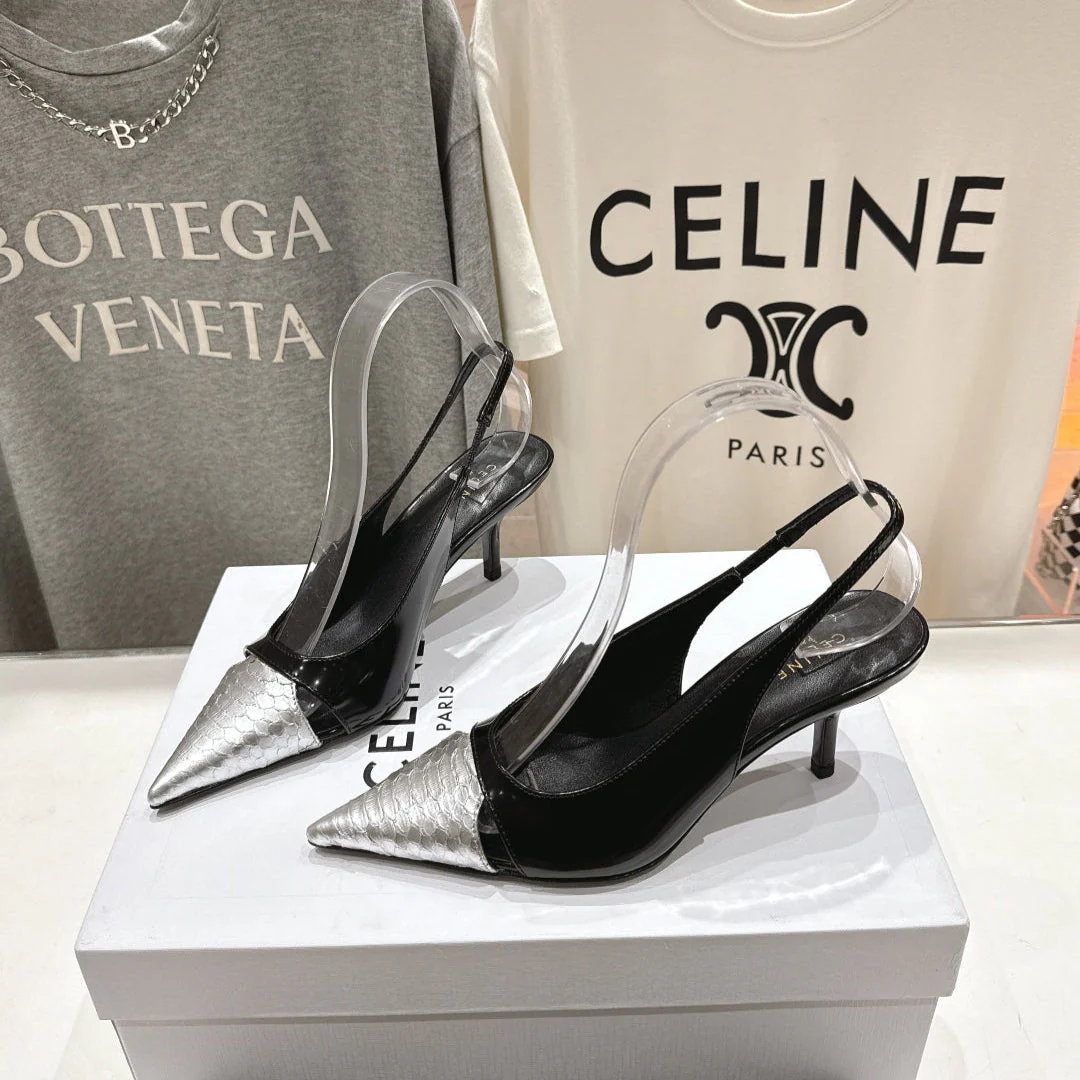 JUDY CAP TOE SLINGBACK 65MM IN BLACK SHINY CALFSKIN AND SILVER SNAKE EMBOSSED LEATHER