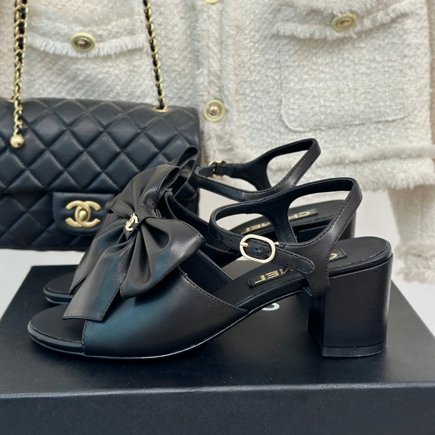 Double CC Big Bow High Sandal Sheepskin Black