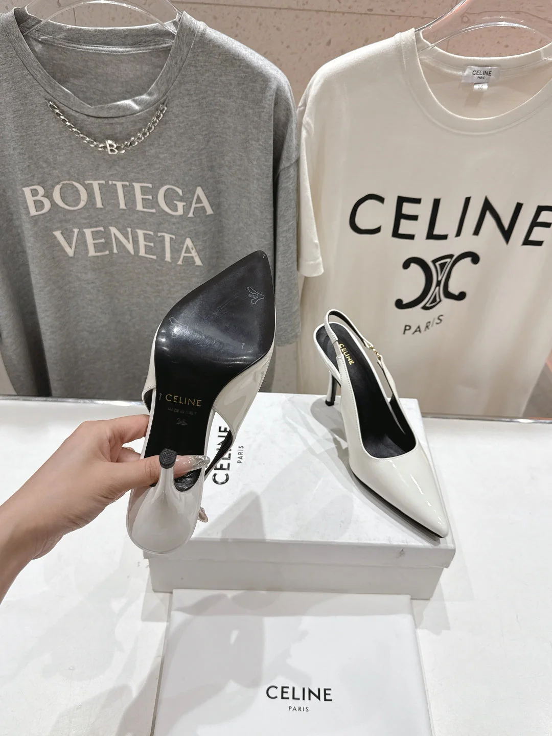 JUDY TRIOMPHE STILETTO SLINGBACK 75MM IN WHITE PATENT CALFSKIN
