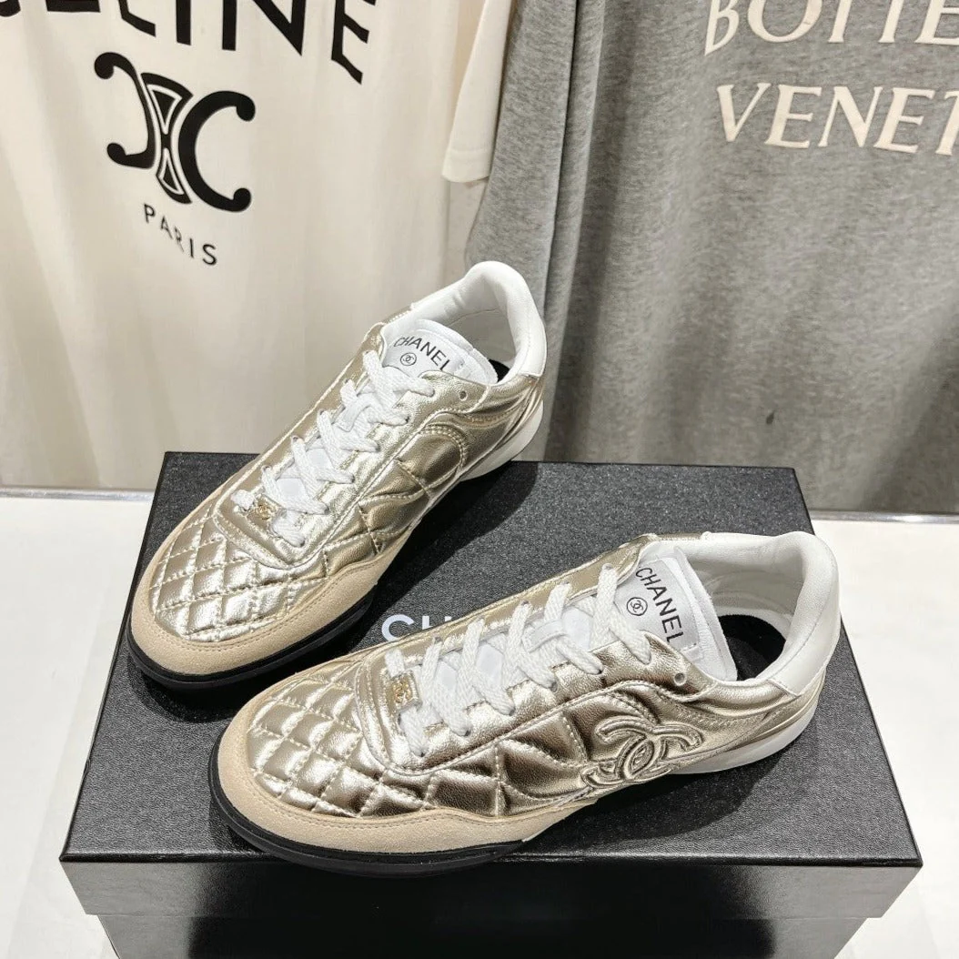 Double C  New Quilted Panda Shoes Gold Sheepskin