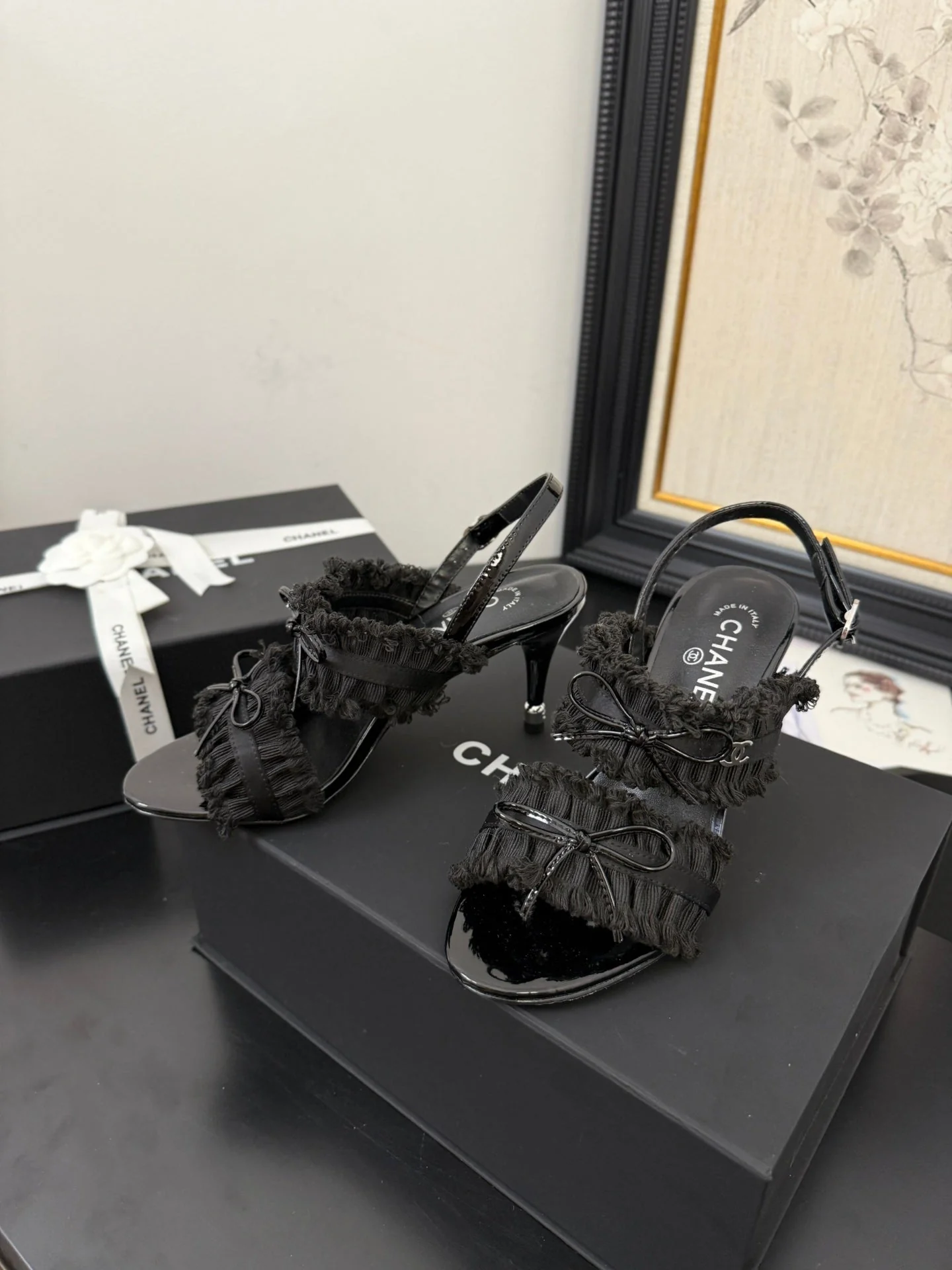 BLACK GROSGRAIN CANVAS BOW SLINGBACK SANDALS