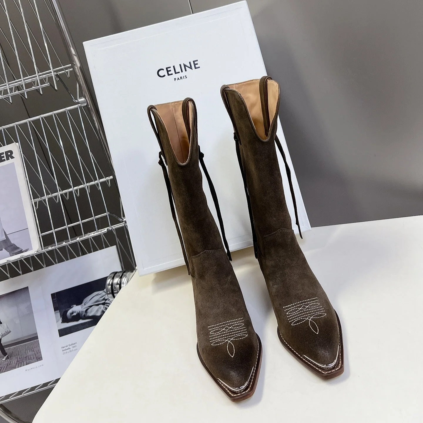 CELINE 25S HIGH CUT CHELSEA BOOTS 45MM IN DARK BROWN SUEDE