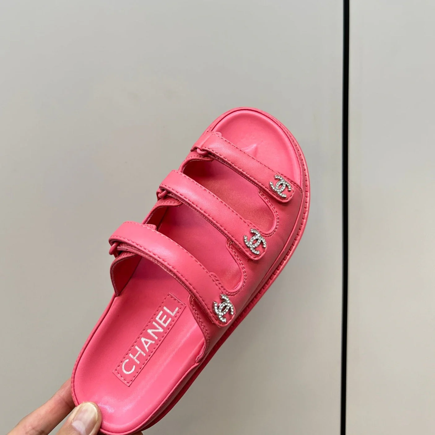 dad sandals pink 1 3 rows lambskin mules