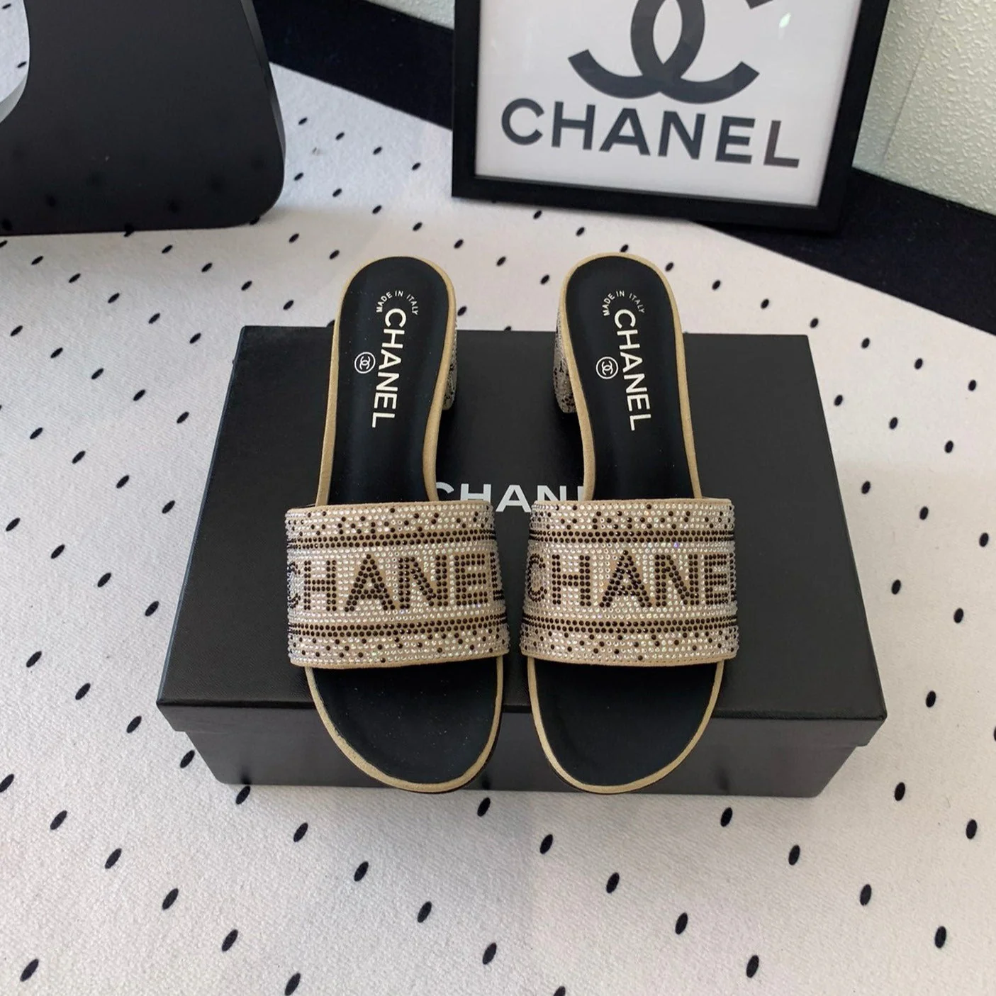 RHINESTONE LETTER HIGH HEELS CARAMEL BROWN AND BLACK LAMBSKIN