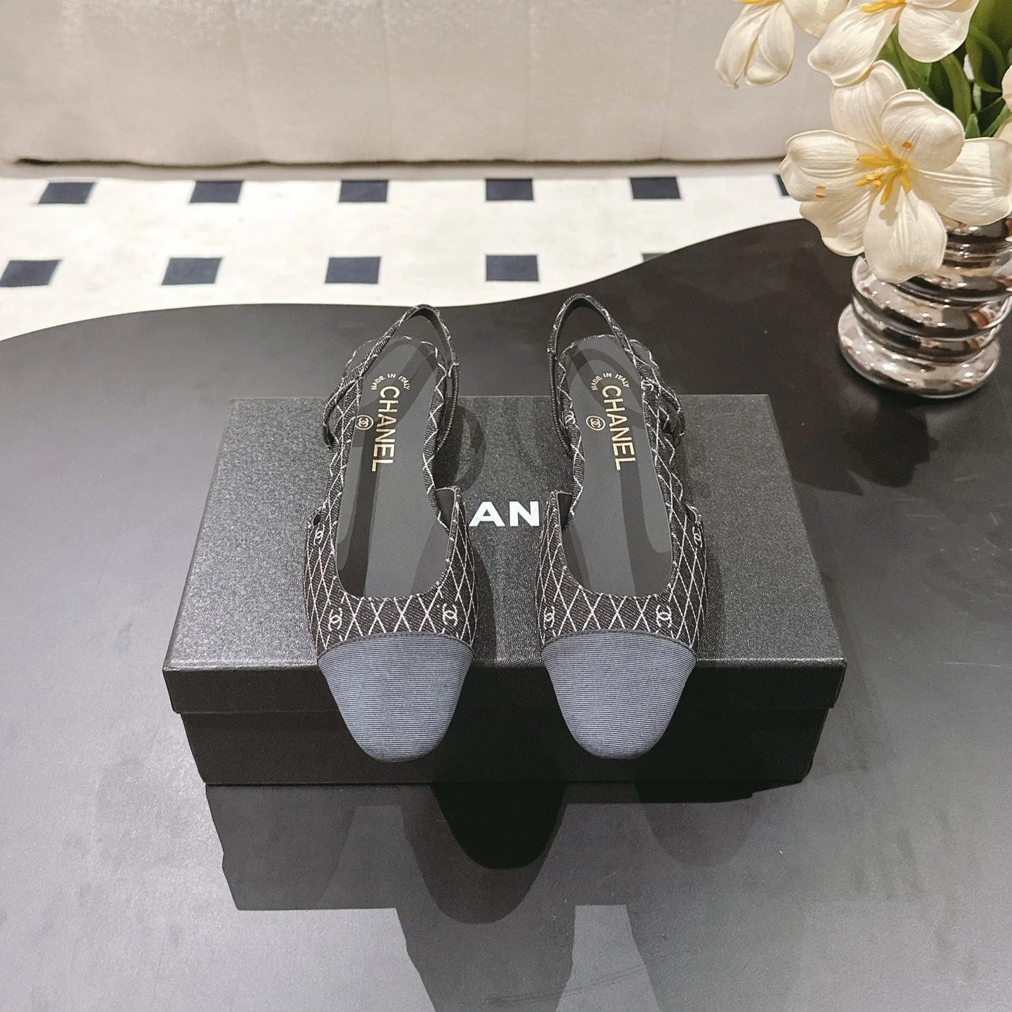 CC SLINGBACK 25S 25 MM IN BLACK DENIM WITH PLAID PATTERN