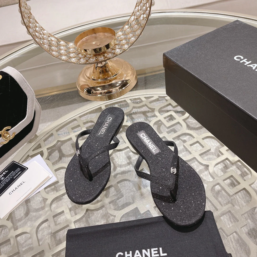 Double CC Rhinestone Flip  Flop Thongs Black Sheepskin