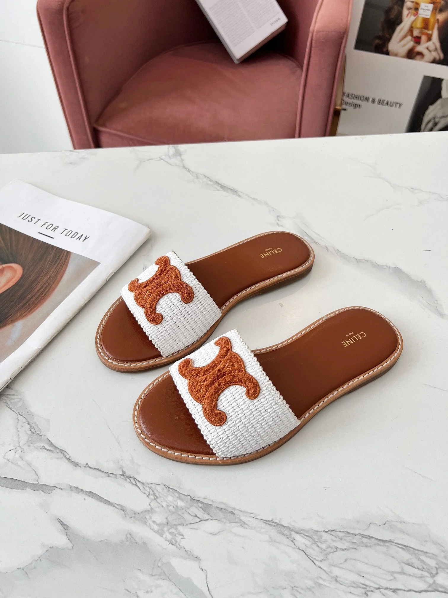 LYMPIA MULE WHITE RAFFIA AND TAN WOOL