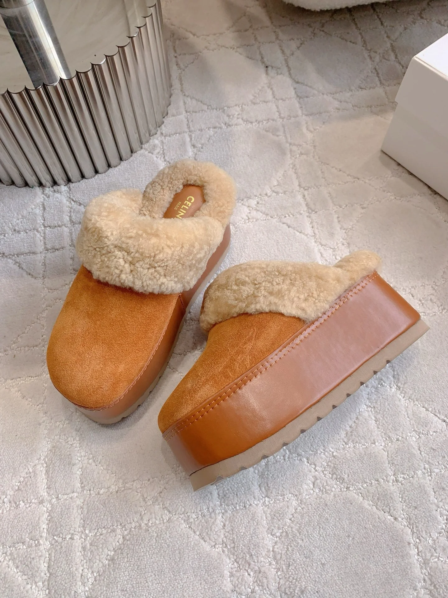 CELINE 25S DANA WEDGE MULE 70MM IN BURNT ORANGE SUEDE CALFSKIN AND SHEARLING