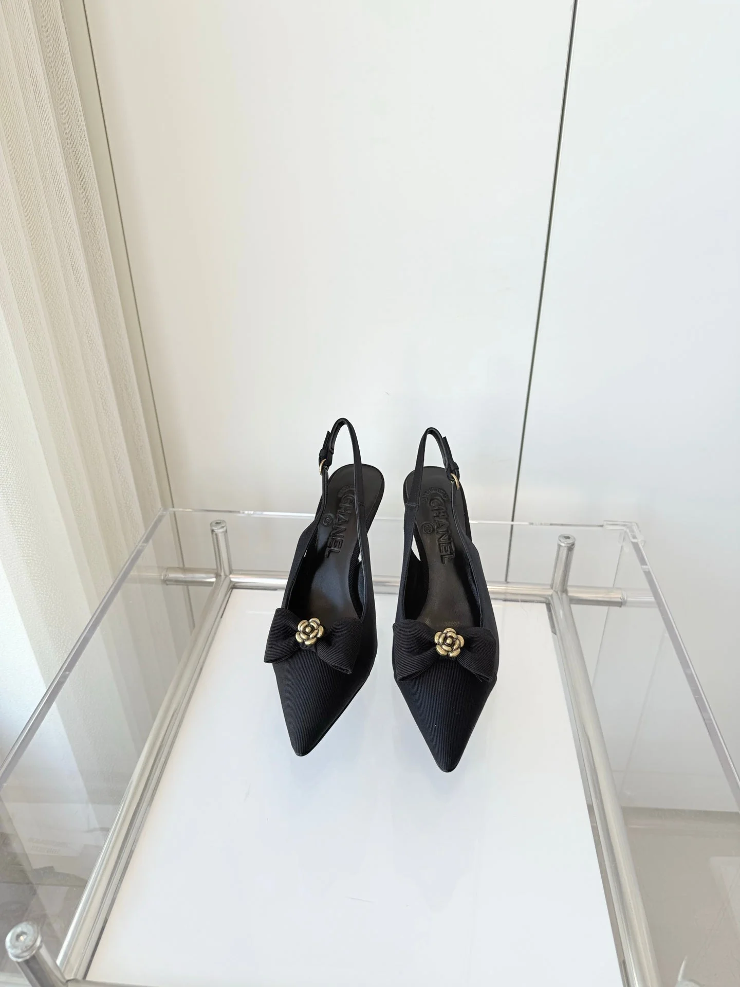 SLINGBACKS 80 MM IN BLACK CALFSKIN MIX CANVAS