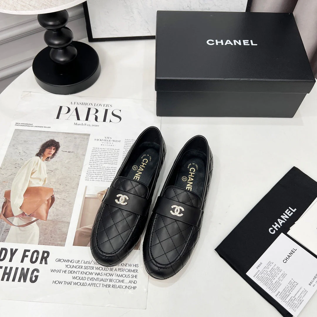 CHANEL 25S LOAFER DANCE SHOES IN BLACK CALFSKIN GOLD HARDWRE