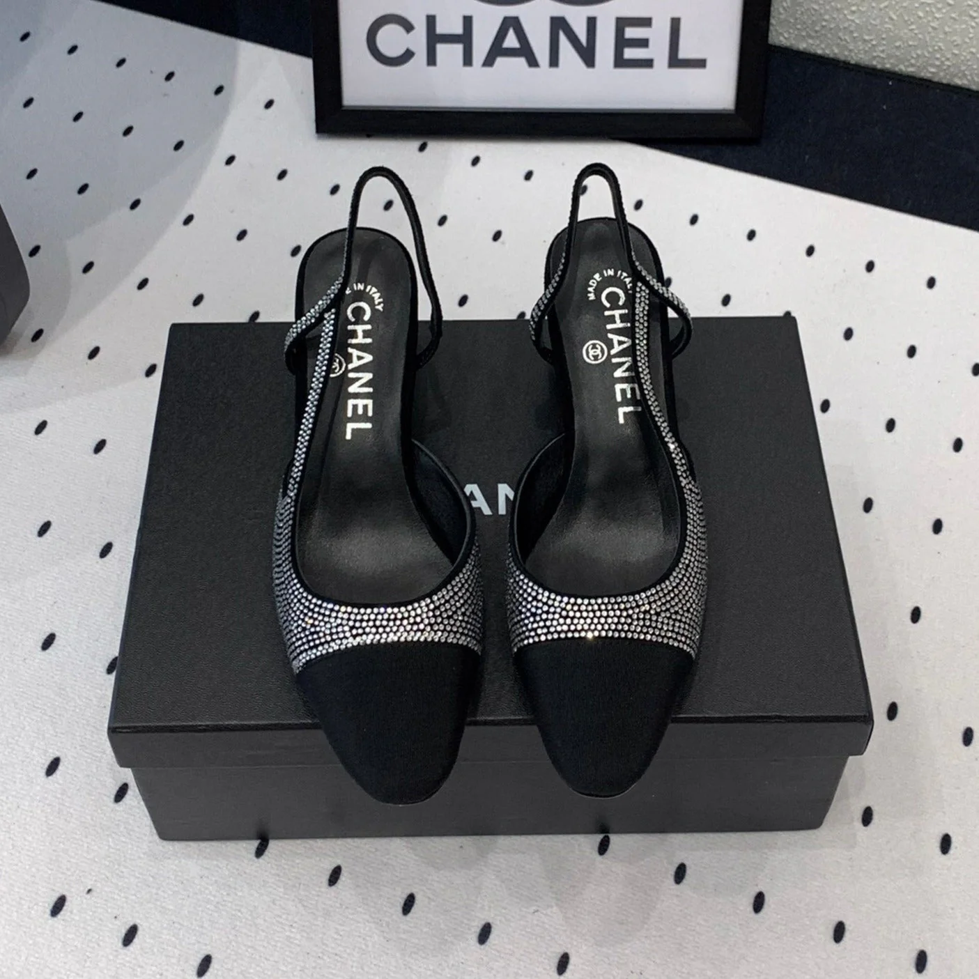 Double CC Rhinestone Slingback Sheepskin Silver Black