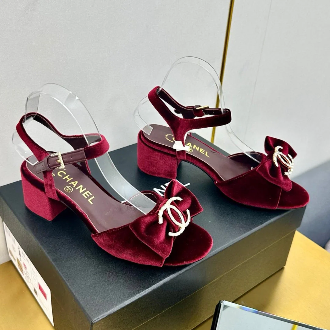 BOWKNOT RHINESTONES MID HEEL SANDAL IN GARNET RED VELVET