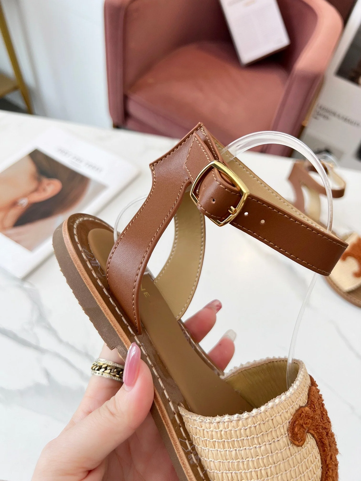 TRIOMPHE SANDALS BEIGE RAFFIA BROWN WOOL