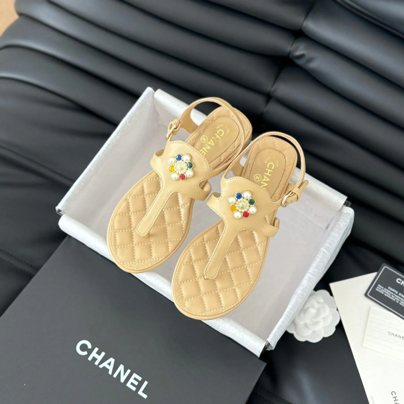Double C Classic One-Strap Sandals Tan Brown Lambskin