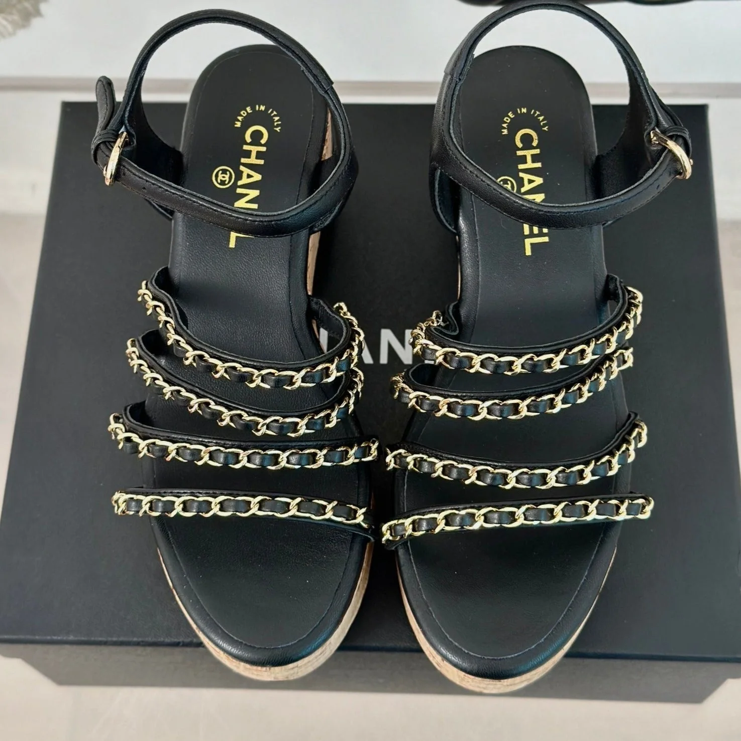Double C Wooden Chain Platform Block Heel Sandals Black