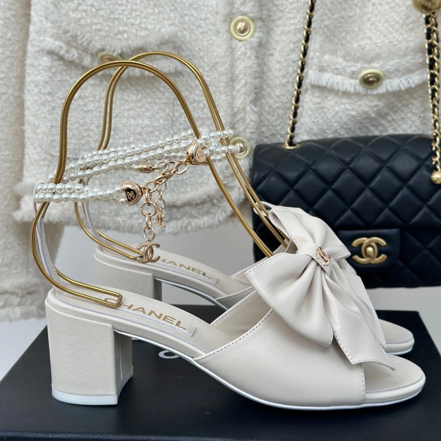 Double C Big Bow Pearl Chain High Sandals White Lambskin