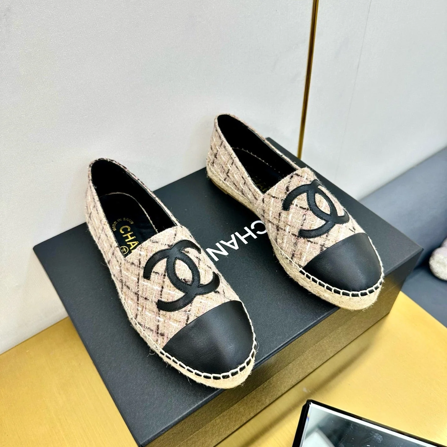 CC ESPADRILLES PLATFORM 25S IN LIGHT BEIGE TWEED MIX BLACK CALFSKIN WITH PLAID PATTERN