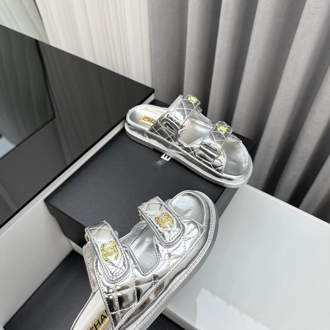 dad sandals silver metalic lambskin mules