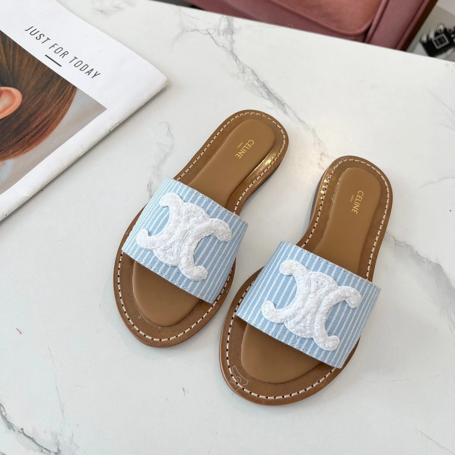 LYMPIA MULE STRIPED BLUE SKY CANVAS WOOL LOGO