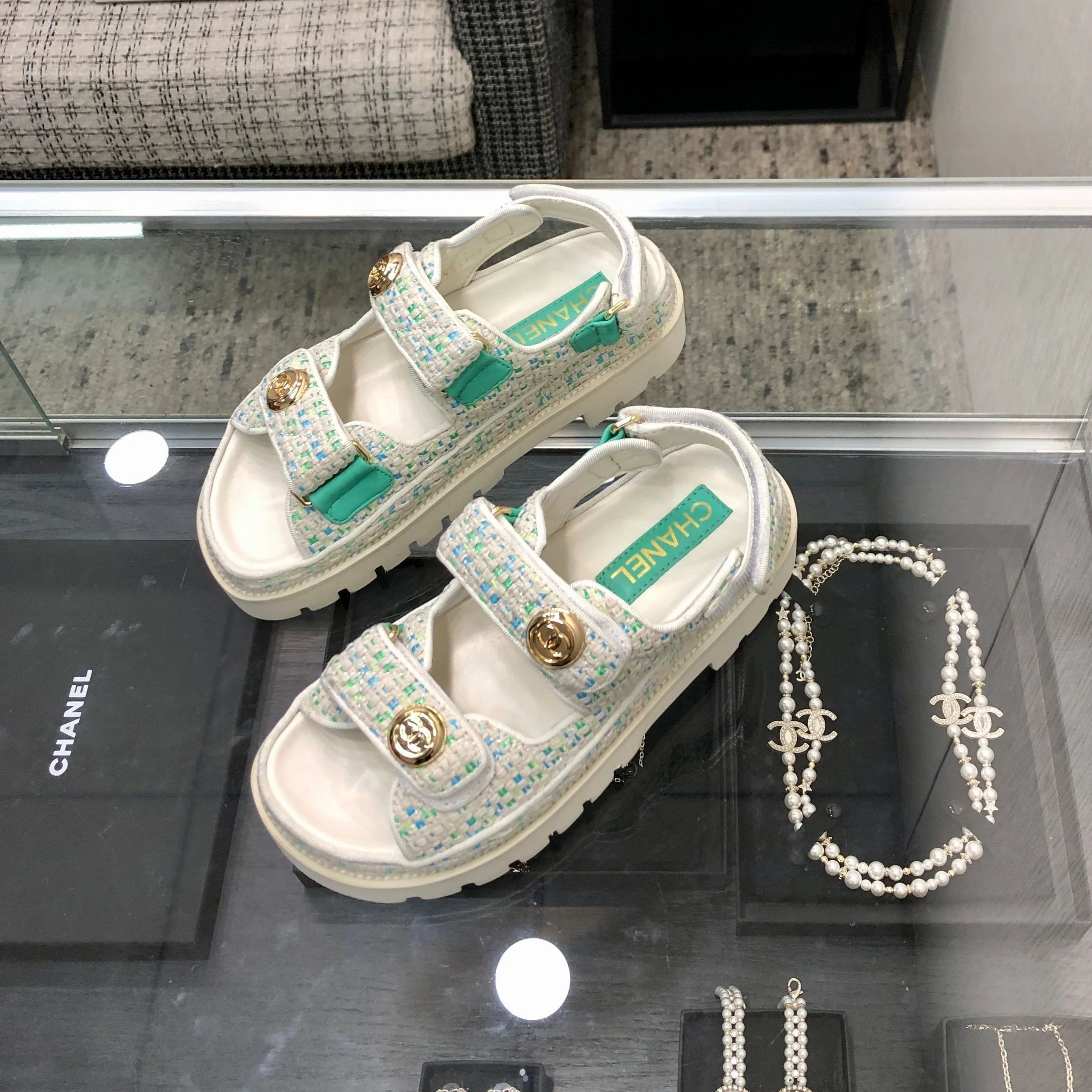 DAD SANDAL IN WHITE MIX PERSIAN GREEN TWEED FABRIC