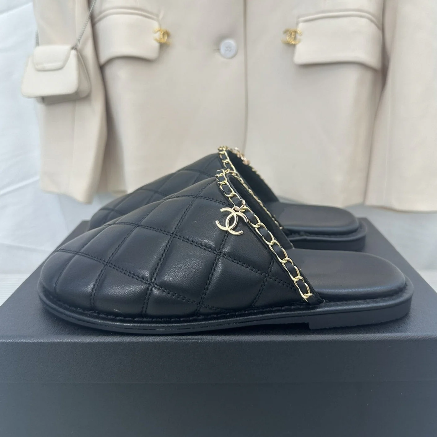 CC Black Lambskin Gold Chain Mules