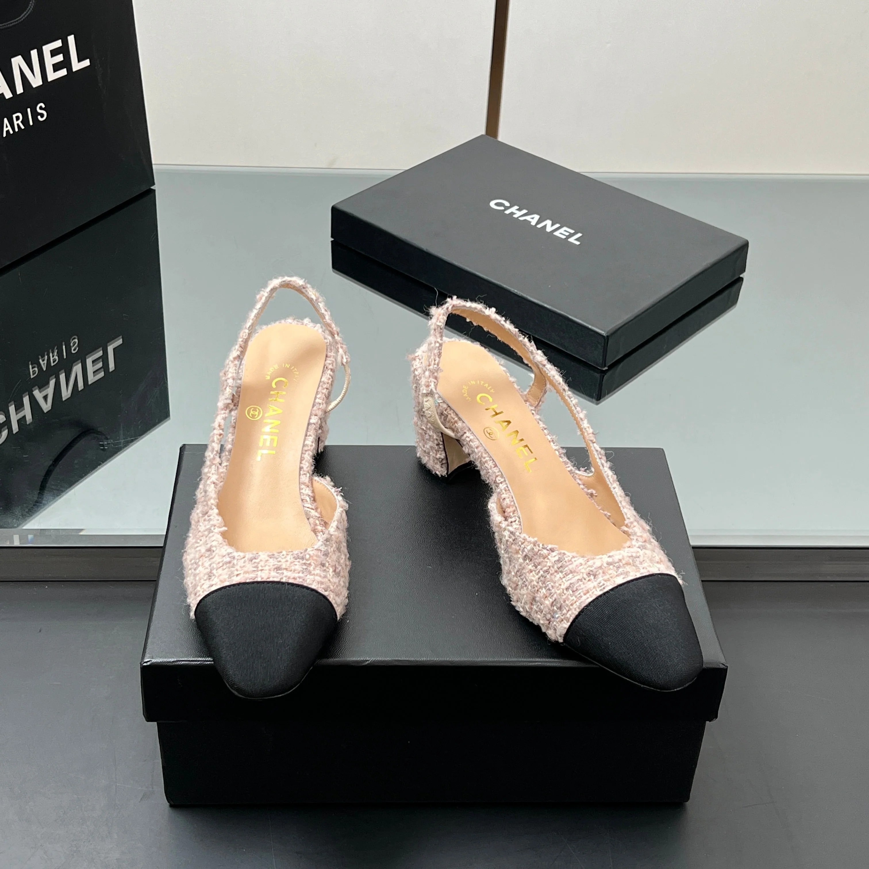 CC HIGH SLINGBACK 25S 65 MM IN PINK TWEED MIX BLACK FABRIC