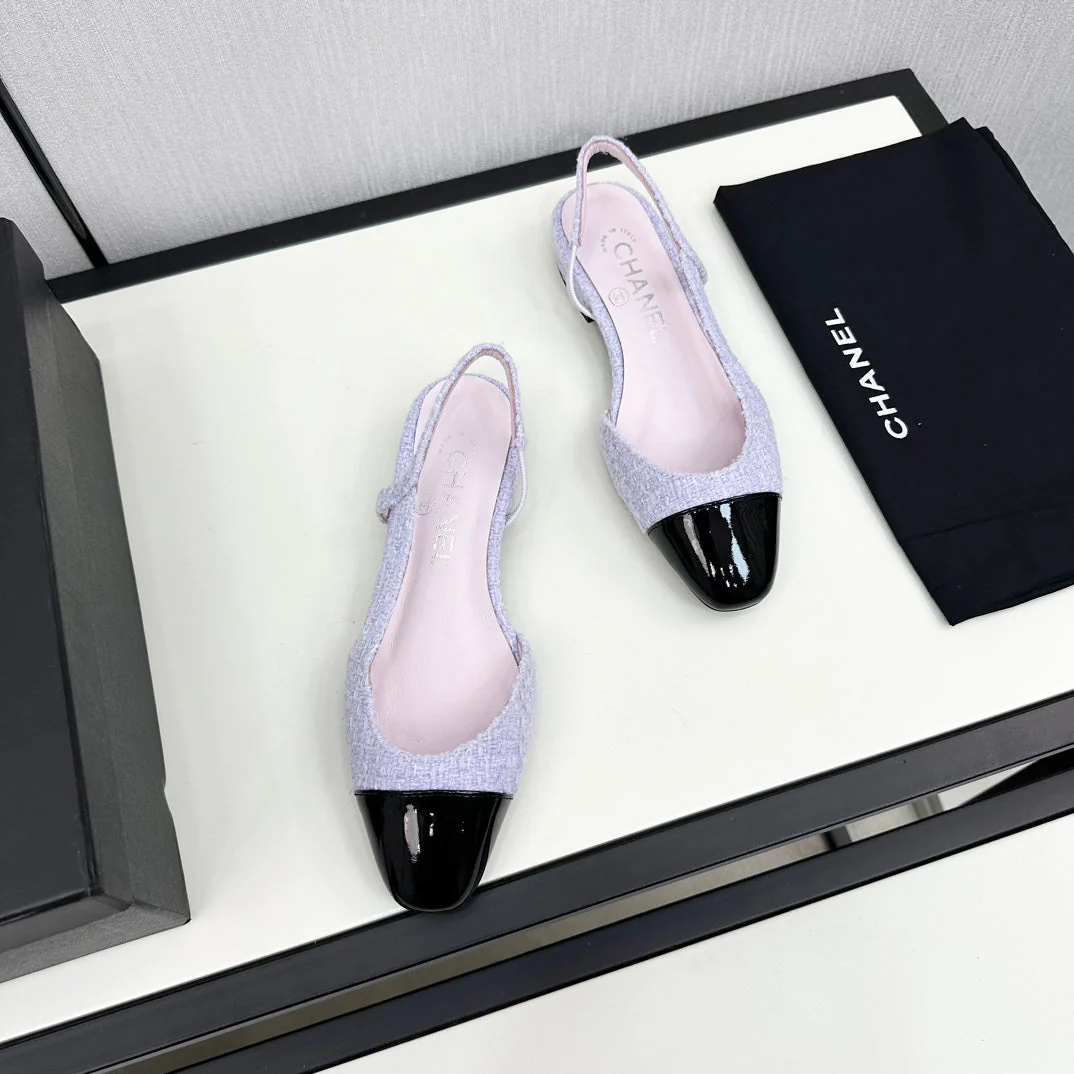 SLINGBACK LIGHT BLUE TWEED AND BLACK CALFSKIN