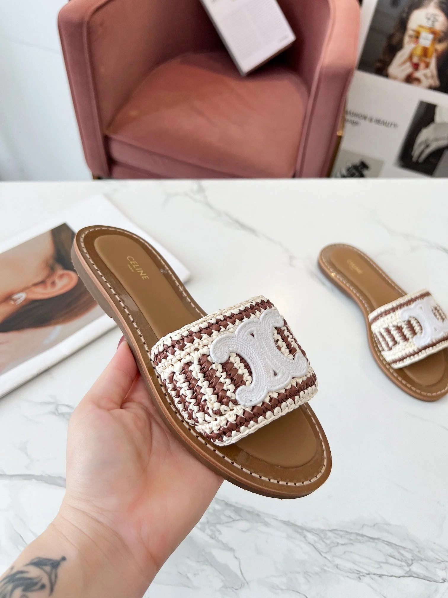 LYMPIA MULE WHITE MIX BROWN RAFFIA