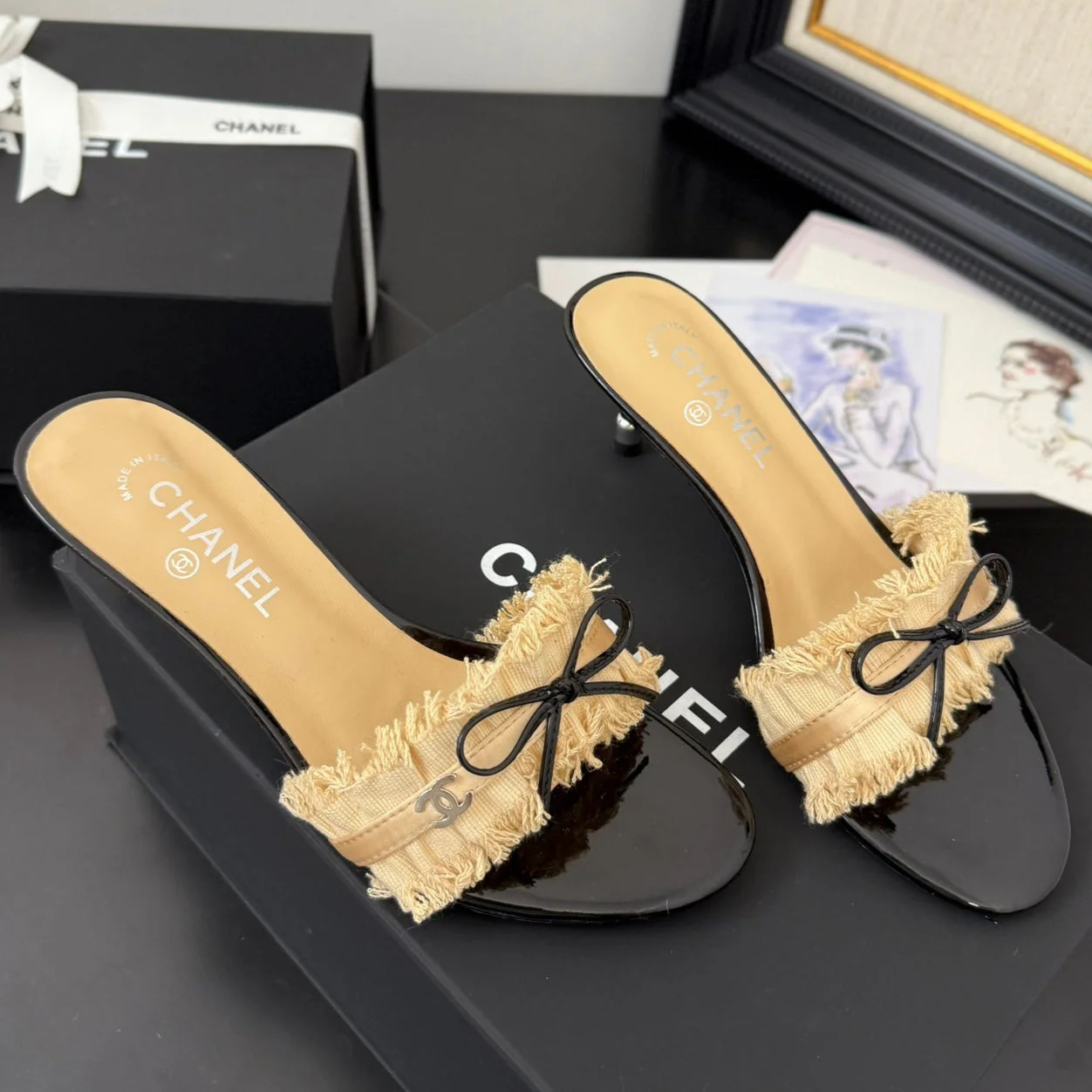 SAND YELLOW GROSGRAIN CANVAS BOW MULE SANDALS 65 MM