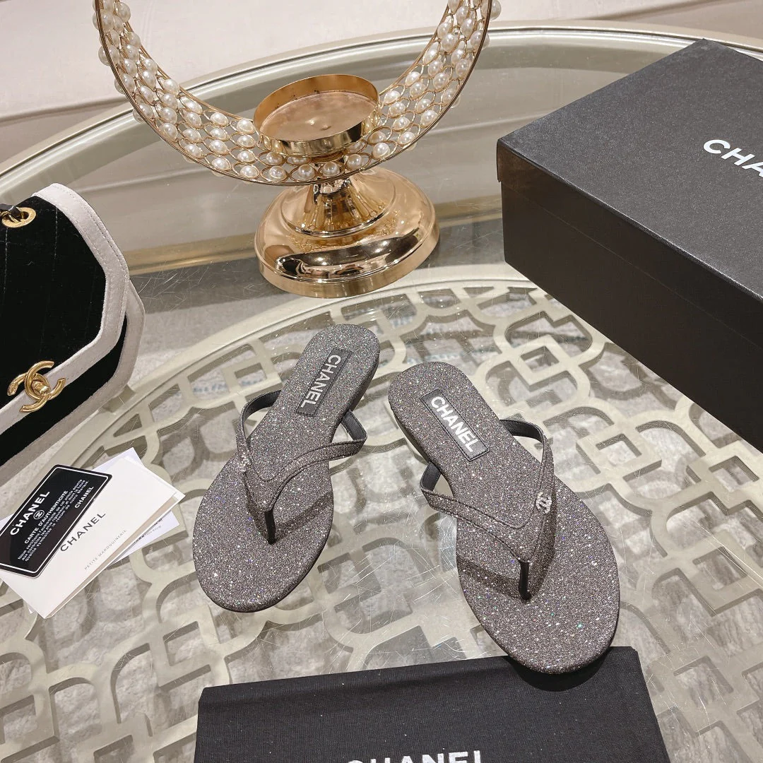 Double CC Rhinestone Flip  Flop Thongs Dark Gray Sheepskin