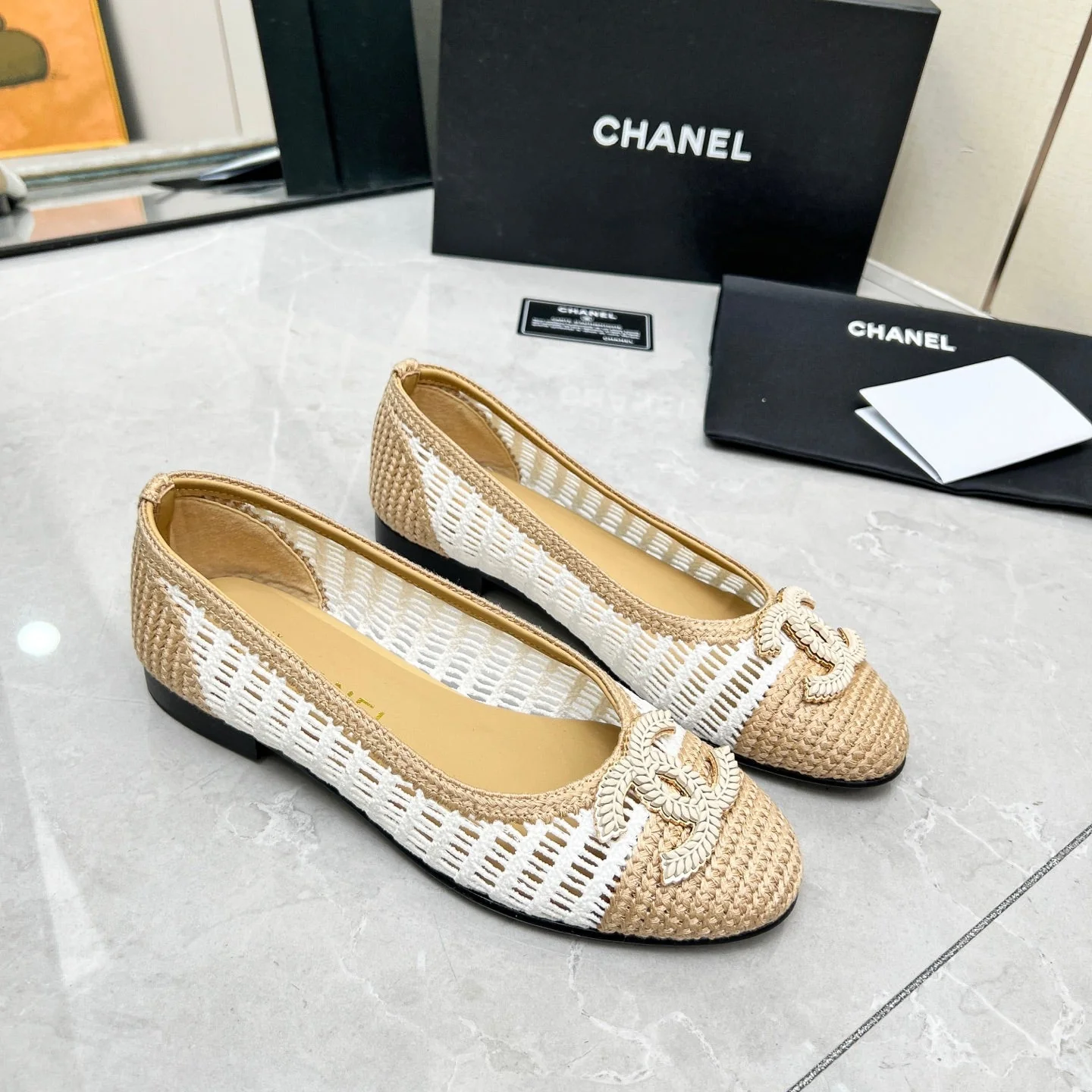 BALLET FLAT 10 MM IN WHITE MIX BEIGE RAFFIA