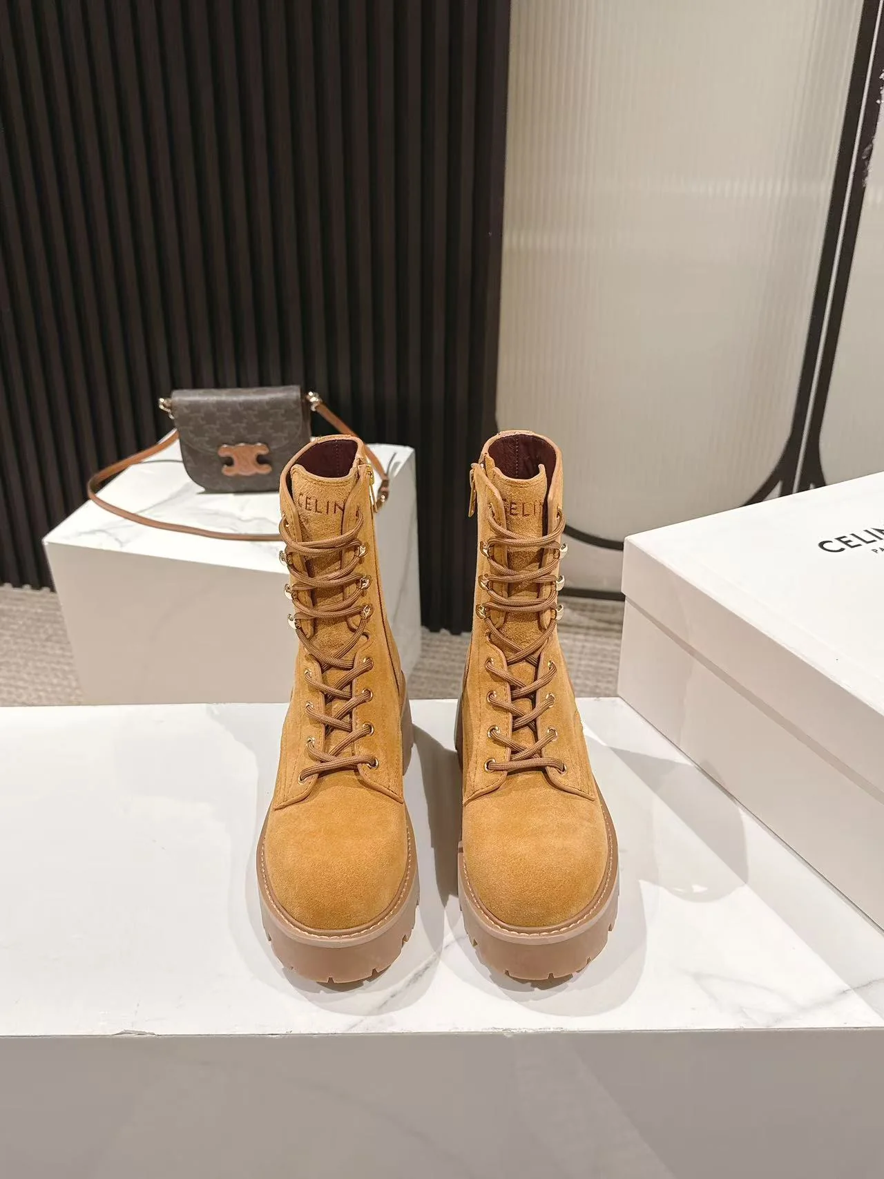 CELINE 25S HIGH HEELED LACE UP BOOTS 50MM IN DARK ORANGE SUEDE